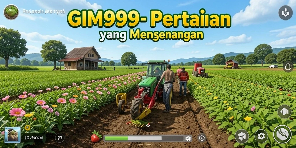 Tangkapan layar gameplay GIM999 menunjukkan kebun yang indah dan kegiatan pertanian.