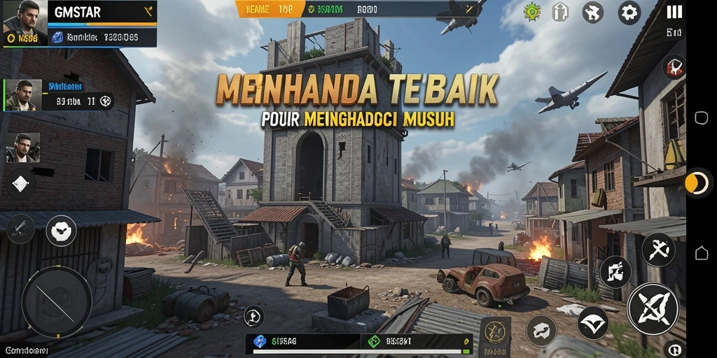 Screenshot gameplay GMSTAR menampilkan menara bertahan melawan gelombang musuh.