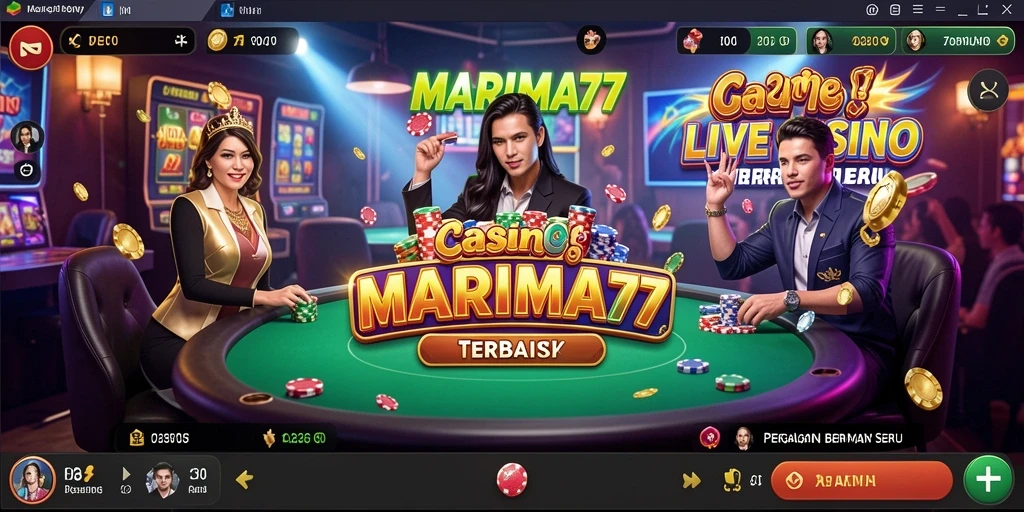 Screenshot gameplay Live Casino MARIMA77 yang menampilkan dealer dan pemain.